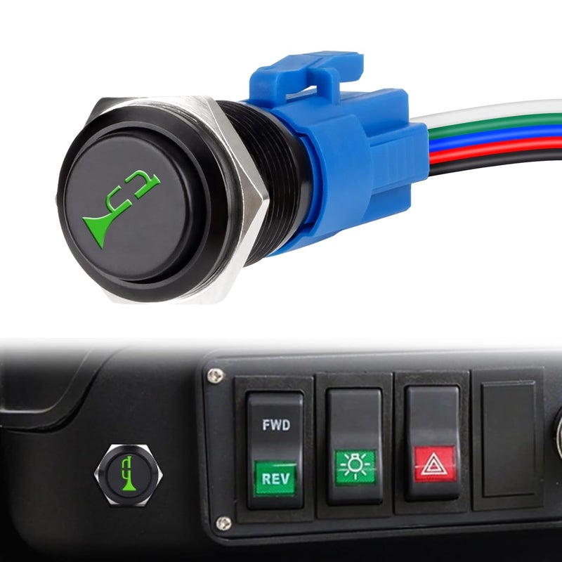 BFXM Horn Button 12v, 16MM Raised Speaker Momentary Push Button Switch, 5/9" Mounting Hole Horn Switchs for Automotive Car Boat Train, Green LED Light Black Stainless Steel Shell - Image 1